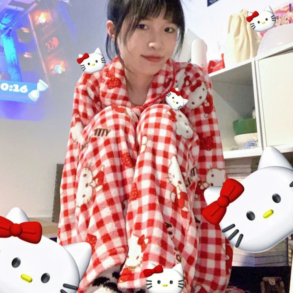 Hello Kitty Women Cardigan Plush Pajamas Suit Sanrioed Anime Kawaii Winter Coral Fleece Homewear Warm Cute Nightwear Tops Pants