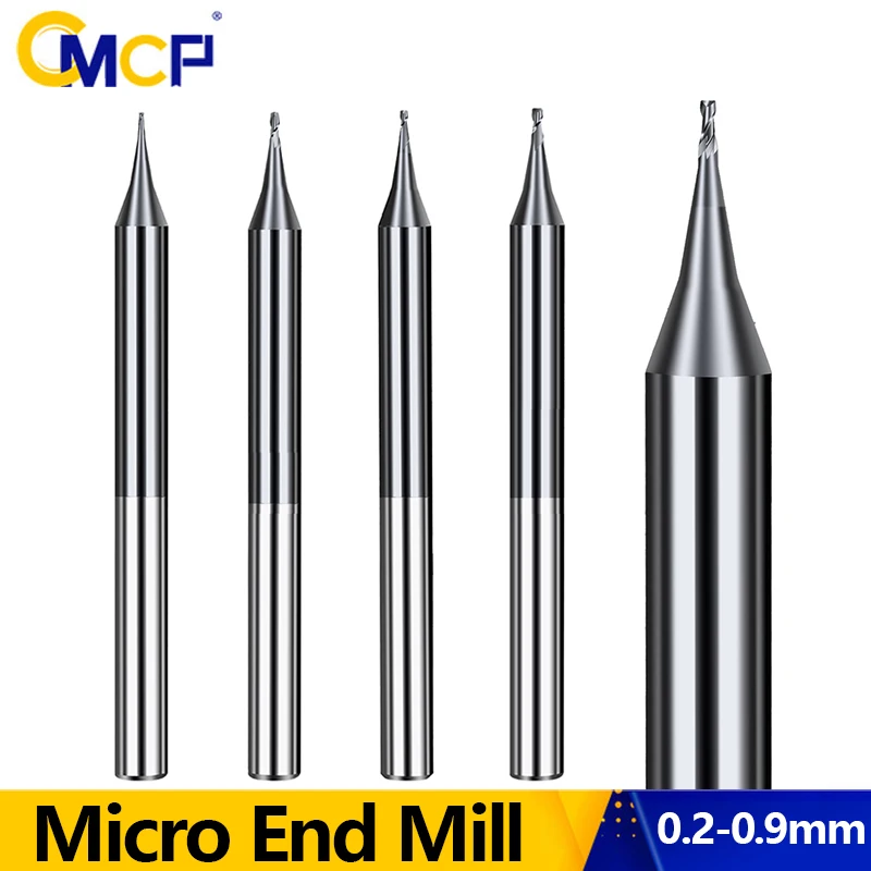 CMCP 1PC 0.2-0.9mm TiAIN Micro Flat End Mill 4mm Shank 2 Flute Milling Cutter HRC 55 Mirco Carbide CNC Engraving Router Bit