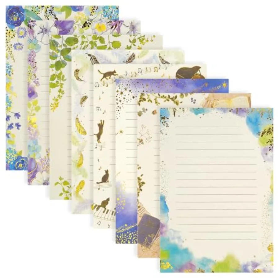 

64 Sheets Stationary Letter Paper Set - A5 Cute Colored Gold Foil Stamping Fancy Lined Stationery Writing Paper for Writing Let
