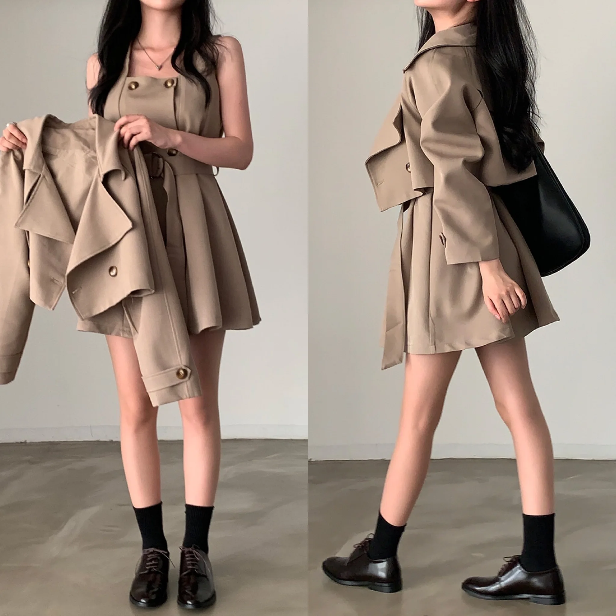 

Женский комплект из 2 предметов, осень-весна 2026, модный плащ с длинными рукавами + мини-платье, комплект одежды из двух предметов (CS2314