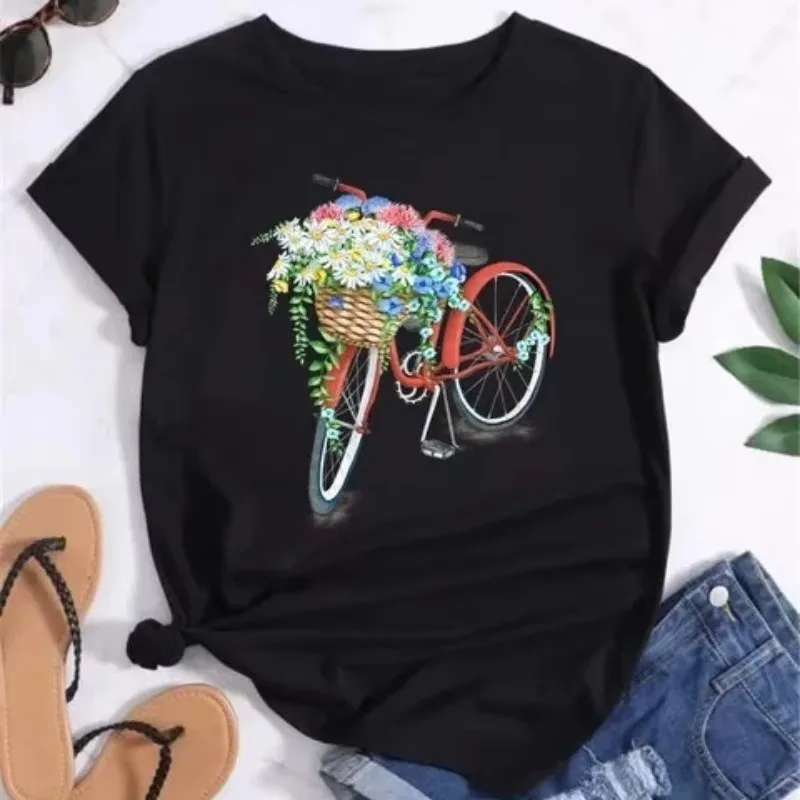 Spring Summer Floral Bicycle Pattern Women Tee Short Sleeve Crew Neck High Quality Casual Fashion Cartoon Letter Print Woman Tee