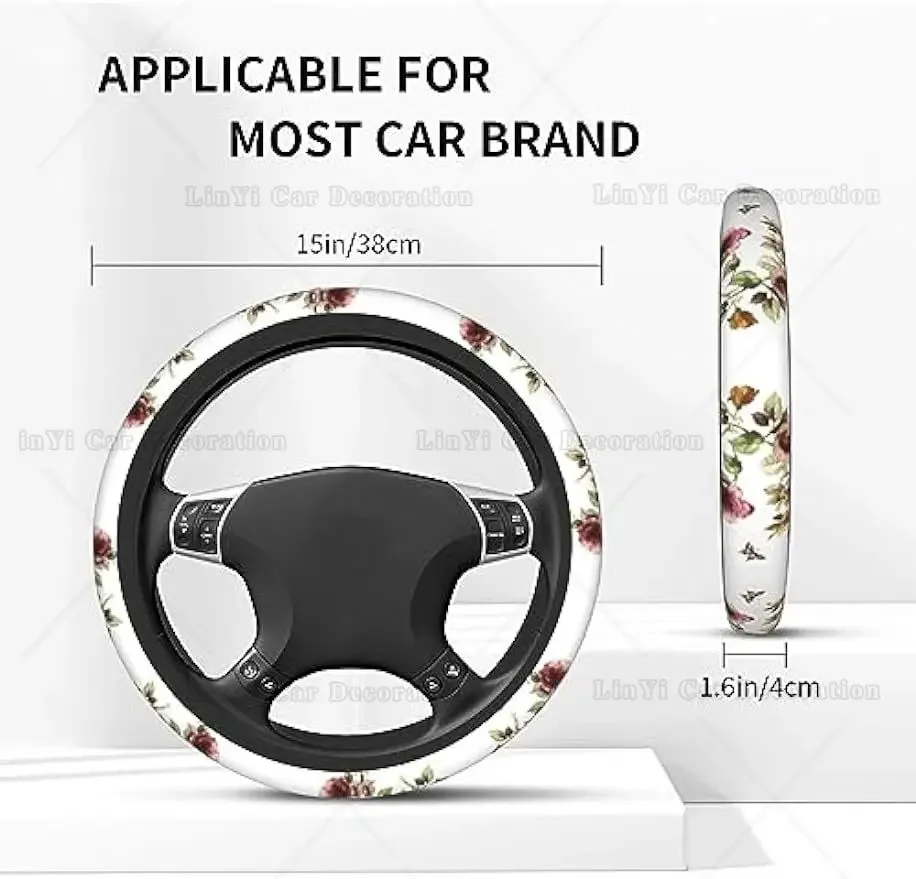 Steering Wheel Cover Universal 15 Inch Anti-Slip Chic Roses Tulips Floral Butterfly Auto Car Steering Wheel Cover for Women Men