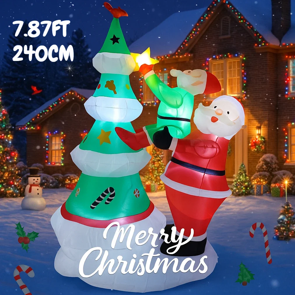7.87FT LED Lit Inflatable Toy Santa Claus Elf Star Tree Christmas Yard Ornament Xmas Supplies Home Decoration Festive Gift