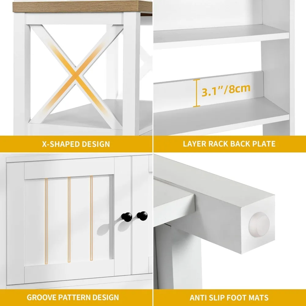 White Baker Rack with Power Outlet and Storage, Farmhouse Microwave Stand with Door for Kitchen, 5-Tiers Tall Coffee Bar Statio