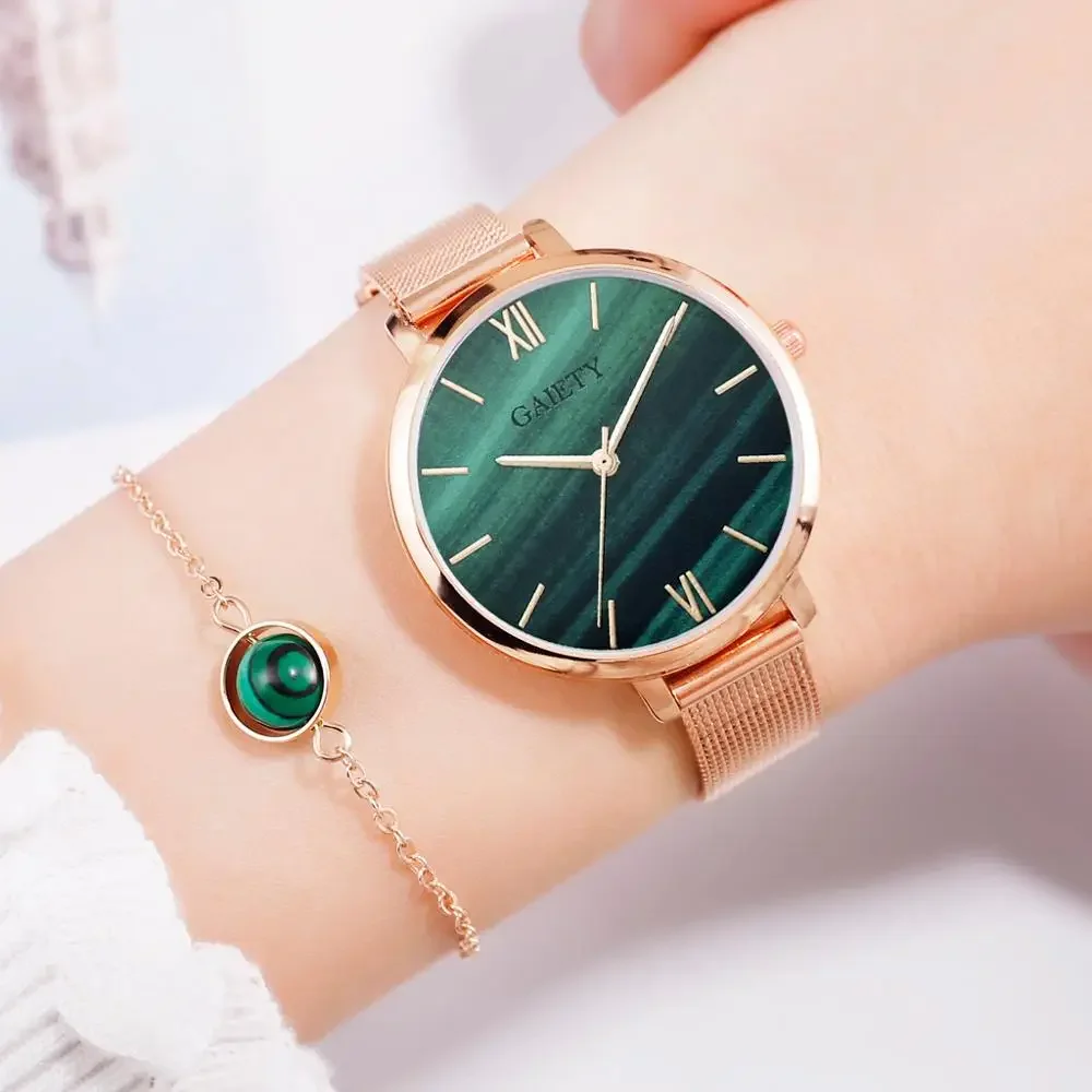 Gaiety Luxury 2 PCS Set Watch Women Rose Gold Water Drill Bracelet Watch Jewelry Ladies Female Hour Casual Quartz Wristwatches