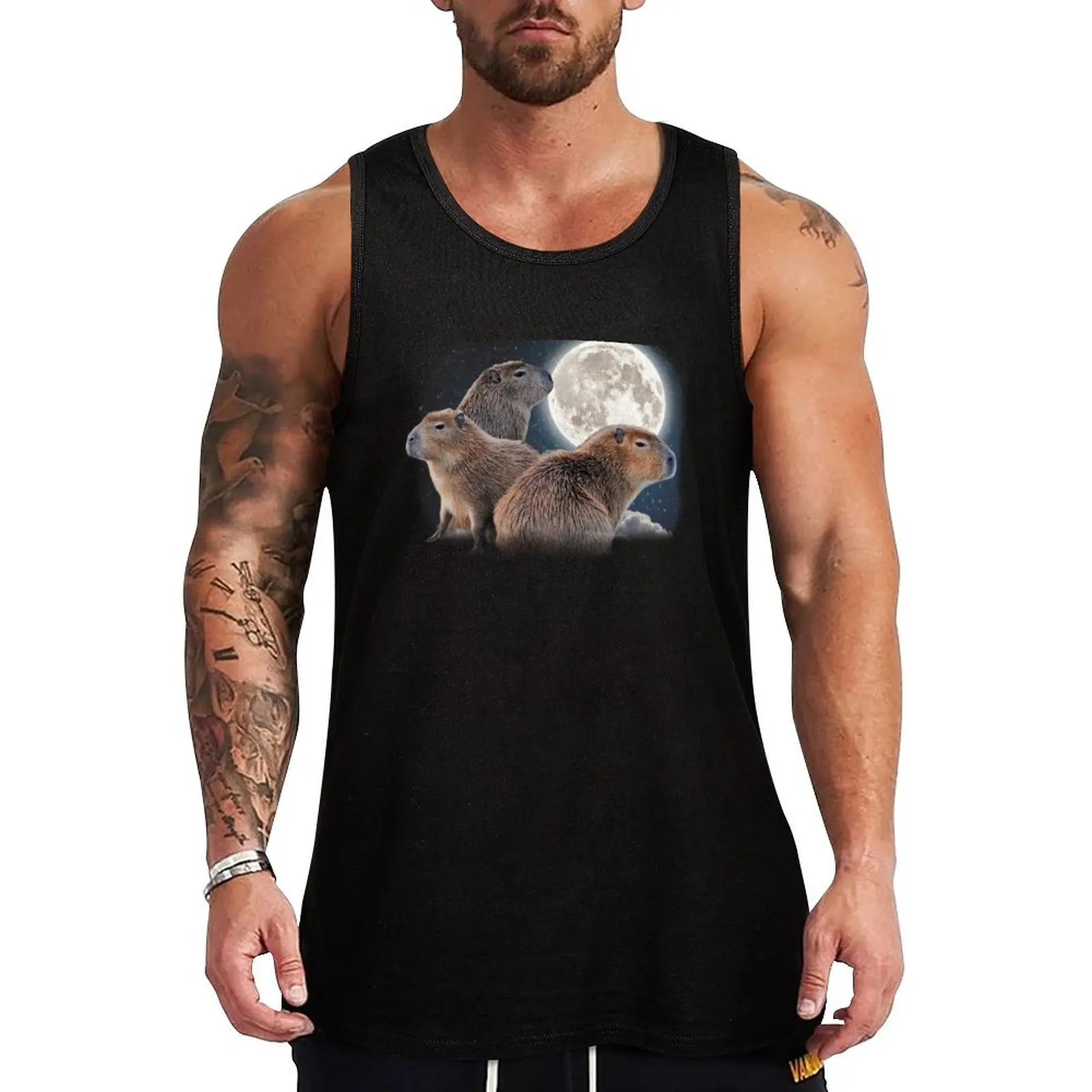 Three Capybaras and Moon Funny Capybara Humor Parody Tank Top men gym clothing Gym wear muscular man