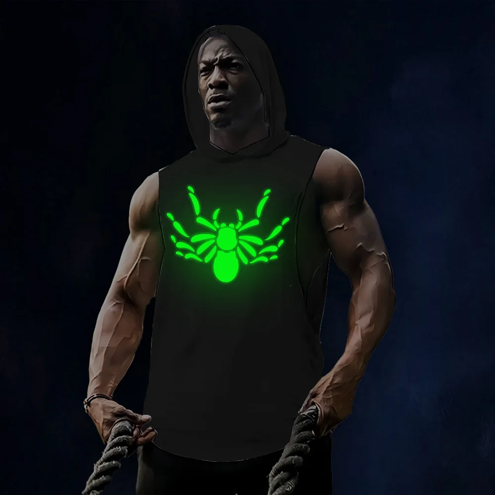

Men's waistcoat fitness Lift Iron T-shirt Spider fluorescent print summer fitness sport crewneck hooded vest top fashion men