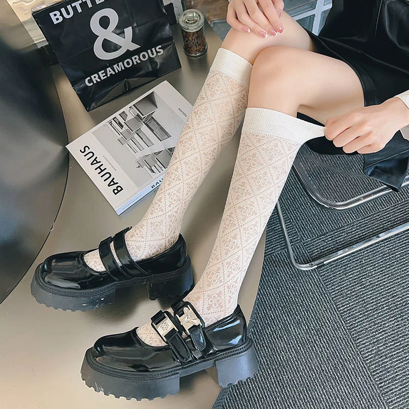 White Crystal Silk Long Socks Stockings Women Summer Ultra-thin Transparent Knee Socks Stocking JK Lolita Kawaii Cute Lace Socks