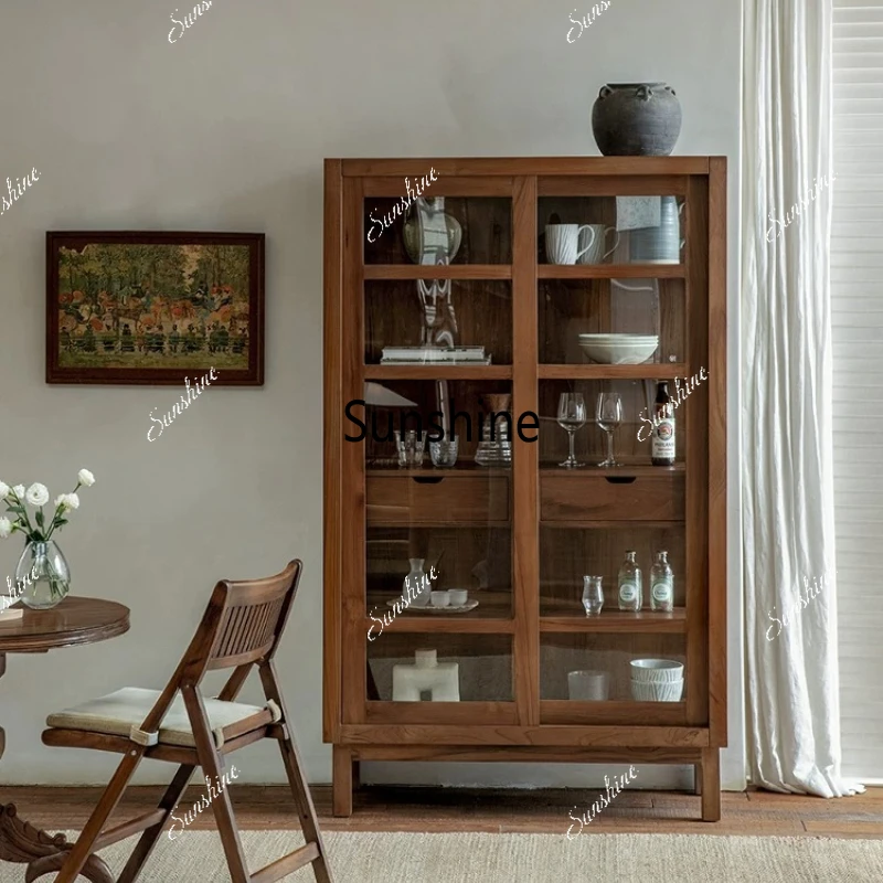 

Nordic retro wine cabinet medium and ancient style bookcase all solid wood glass storage display cabinet