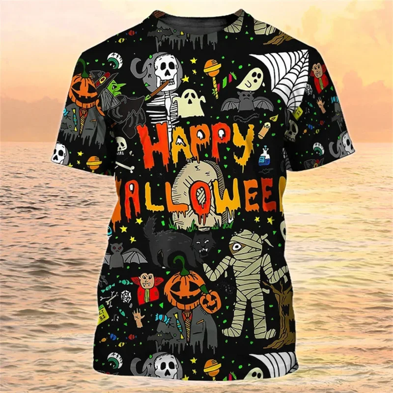 

Halloween T-shirts, Men's and Children's Short-sleeved Crew Necks, Colorful Clothing, 3D Printing, Pumpkin Patterns