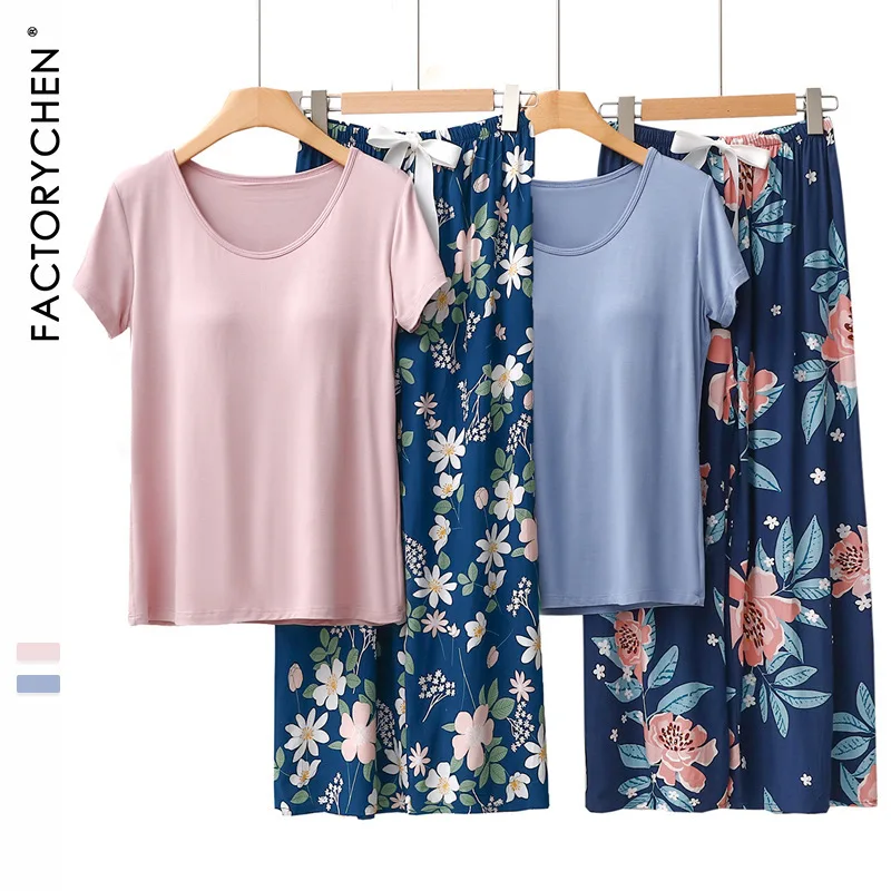 

Modal Cotton Silk Floral Print Spwear Set Teen Girls Comfortable Breathable Home Clothes Nine Points Pants Long Sve rou...