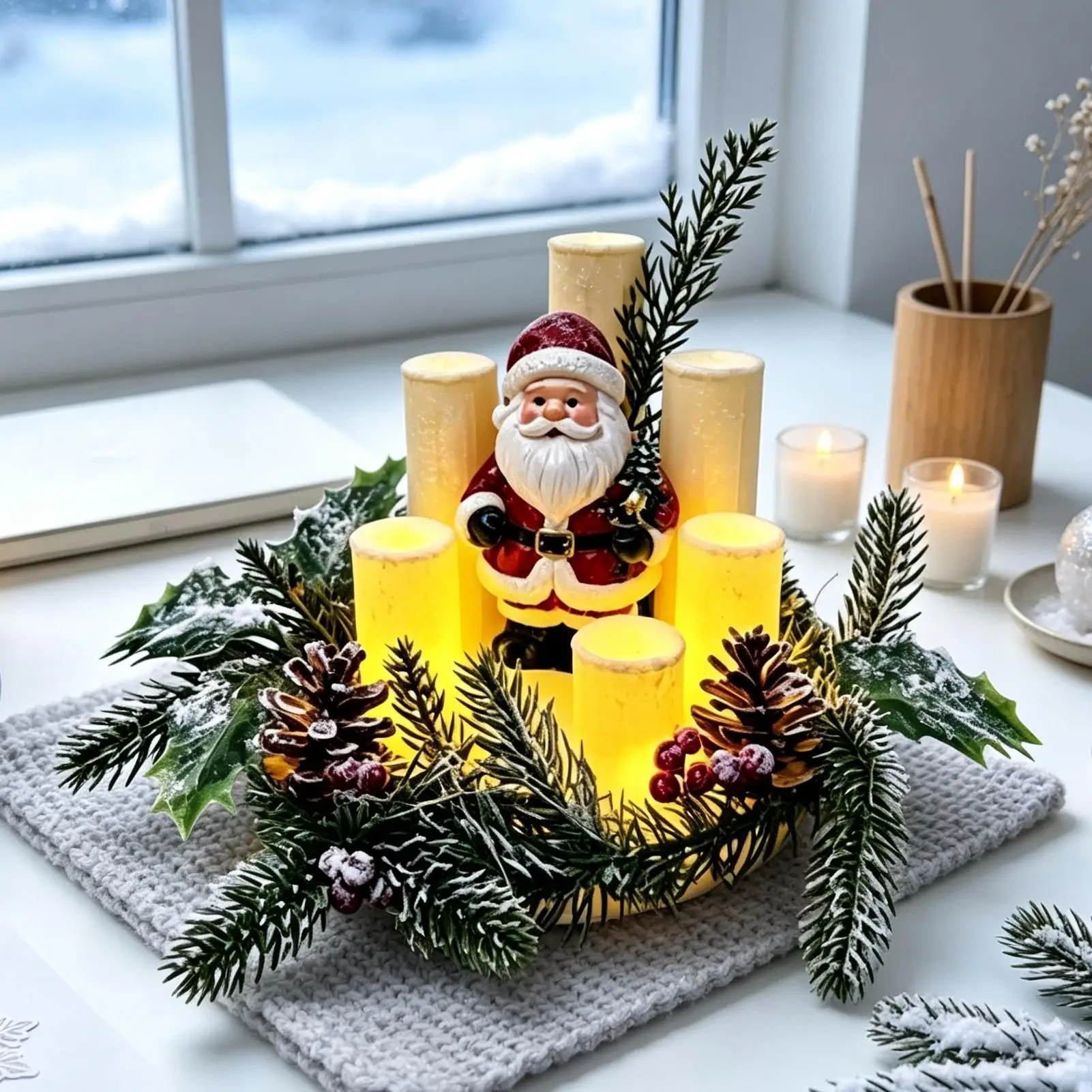 Faux Holiday Candles Funny Santa Claus with Red Berries Home Decor Flameless Candles Christmas Decorations for Bedroom Living