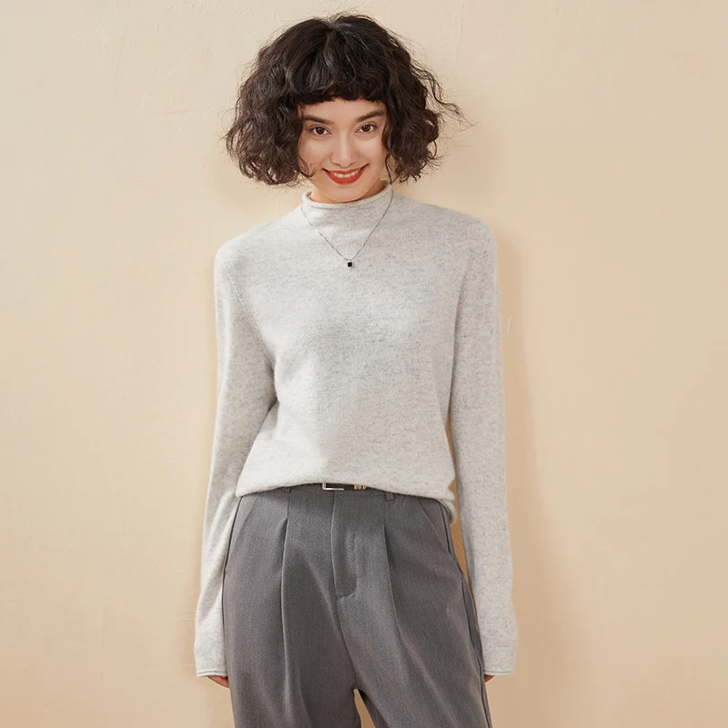 

35% Cashmere Women‘s Thin Semi-Turtle Neck Roll Edge Sweater， Soft Solid Color Knitted Pullover for Autumn Winter Layering