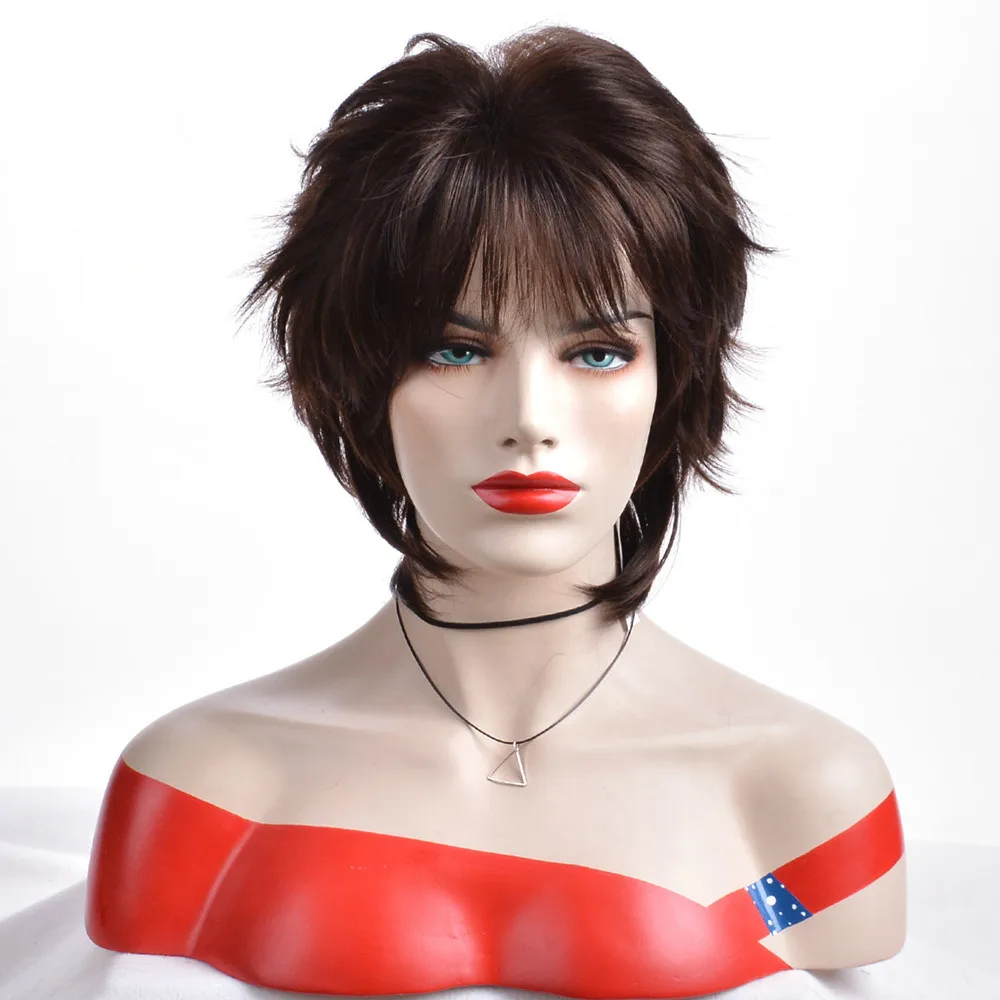 شعر مستعار قصير بمظهر طبيعي للنساء بني داكن مع غرة شعر صناعي مقاوم للحرارة #2