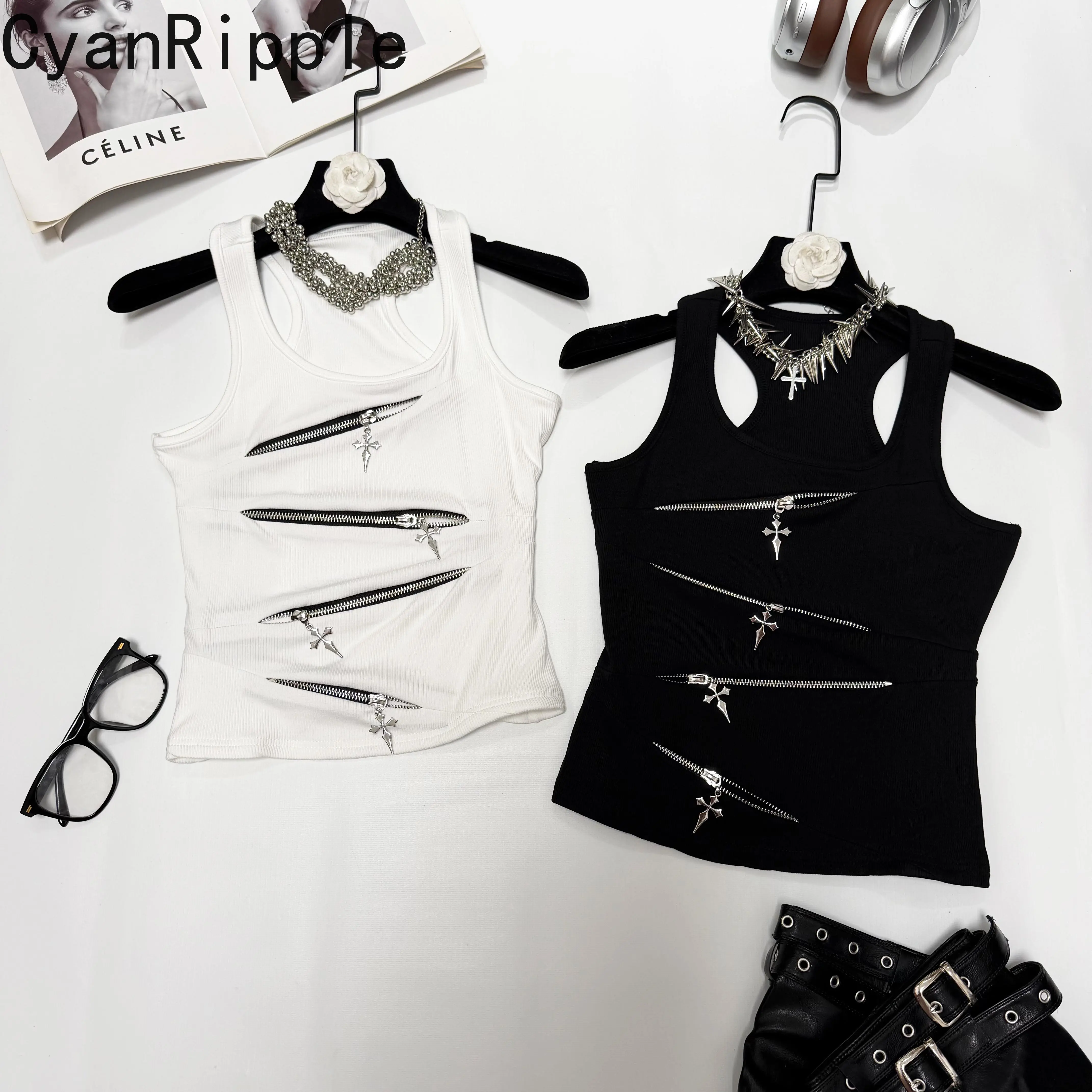 American Street Hot Chick Metal Pendant Zip Corp Top New Summer Slimming Basic T-shirt Sexy Off Shoulder Sleeveless Tanks Top