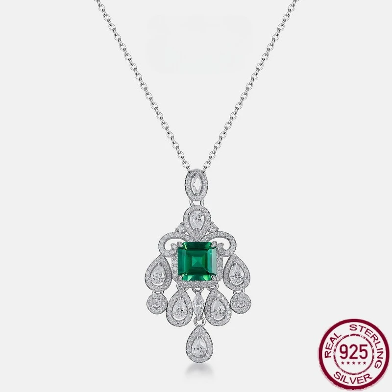 

New S925 pure silver cultivated emerald pendant, retro light luxury European and American style necklace, wedding jewelry