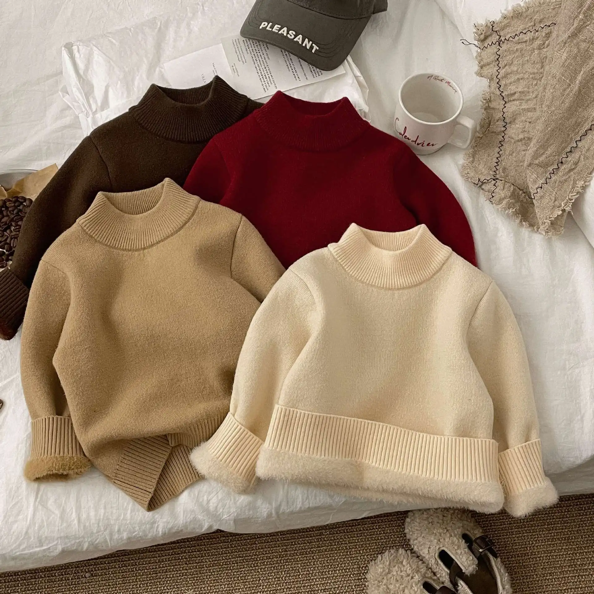 

Winter Autumn Kids Boys Sweater Integrated Velvet Semi-turtleneck Babys Boys Pullovers Warm Thicken Children Boys Basic Knitwear