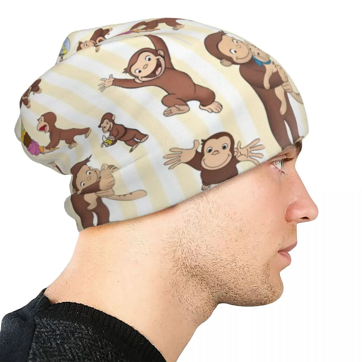 القرد الغريب جورج Skullies قبعة صغيرة خمر الرجال النساء في الهواء الطلق قبعة دافئة ذات الاستخدام المزدوج بونيه قبعة #4