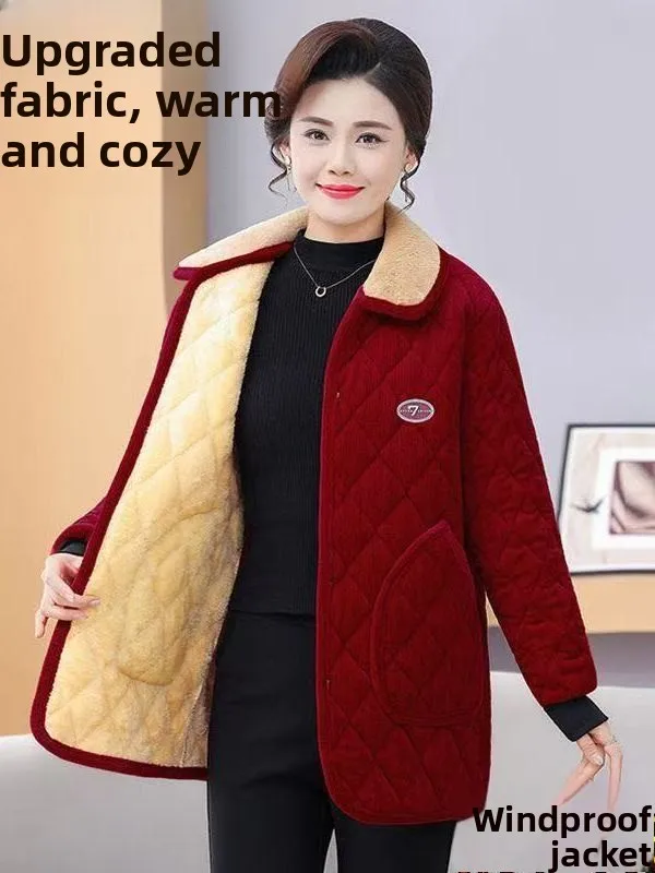 

Утепленная хлопковая куртка для женщин среднего и старшего возраста с воротником на молнии, теплая повседневная куртка из полиэфирного волокна с меховым воротником