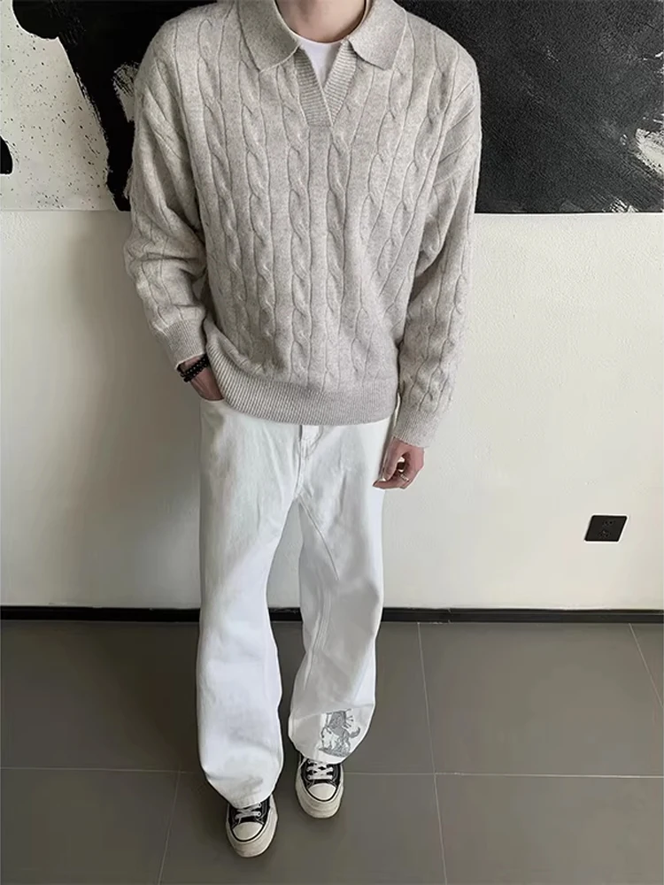 

Мужской вязаный свитер свободного кроя с узором косы, повседневный, с длинным рукавом, из смесового полиэстера, для осени и весны, модный