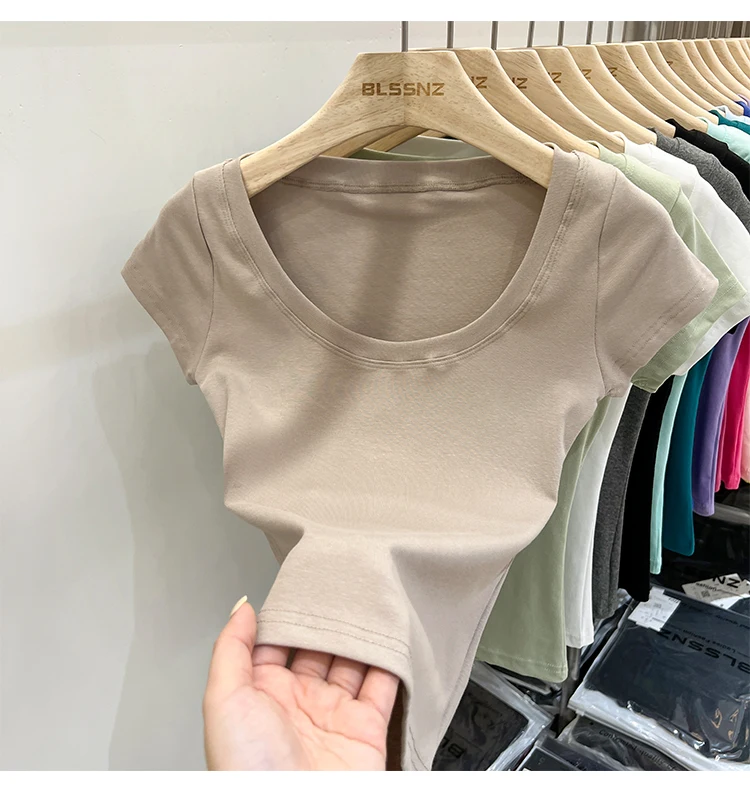 2026 Sexy Quadratischer Ausschnitt Slim T-Shirt Damen Baumwolle Elastisch Basic Einfarbig Lässige Oberteile Kurzarm Dünne T-Shirts Transparent – Detail 31