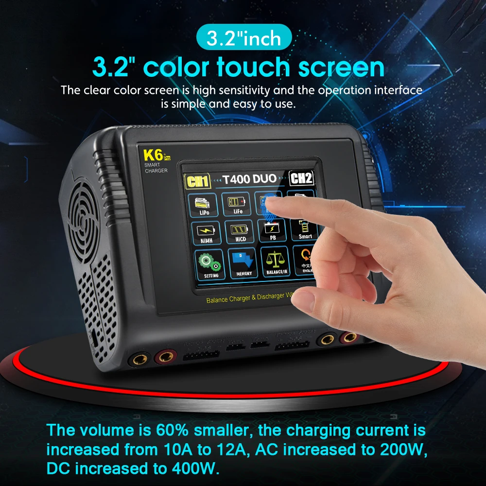 HTRC K6+Pro nabíječka LiPo baterií DC 400W AC 200W nabíječka/vybíječka pro LiHV LiFe Li-Ion NiCd NiMh Pb LiPo baterie RC nabíječka - náhled 2