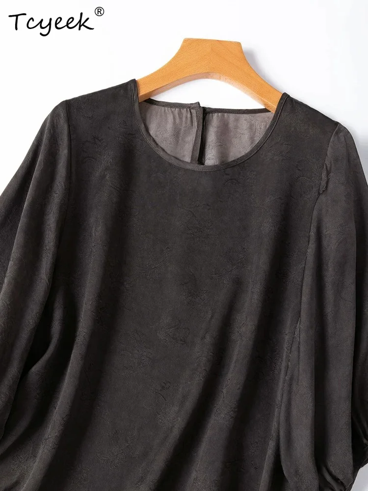 Tcyeek 100% Real Silk Womens Tops 20MM Silk Clothing for Ladies 2026 Summer Loose Breathable Lantern-sleeve Shirts Chemise Femme