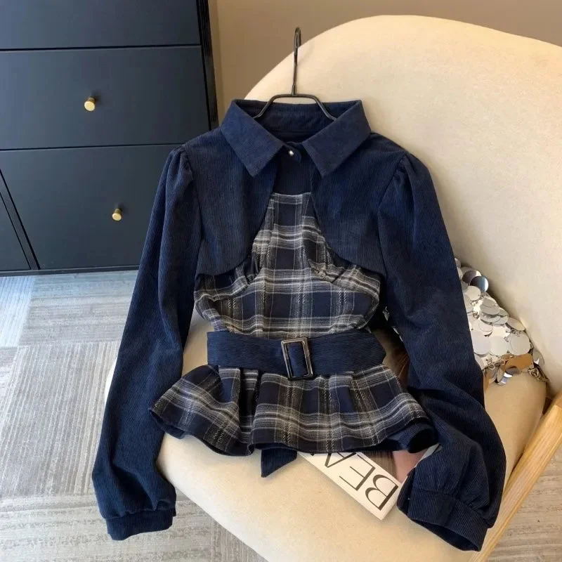 

Ladies' New Fashionable Fake Two-piece Long-sleeved Shirt Women's Spring and Autumn New Design Sense Waist Joker Lapel Shirt Top