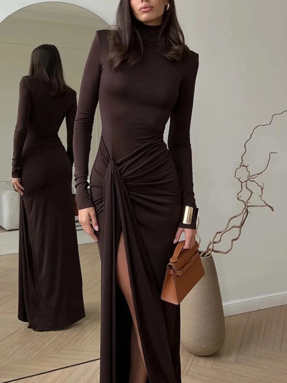 

Women‘’s Dresses Autumn and Winter Fashion Sexy High-neck Long-sleeve Solid Color Dress with Waist Tie Club Long Dress