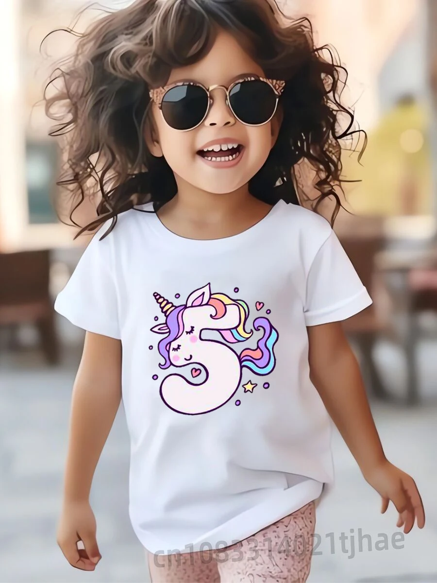 Cartoon Unicorn 0-9 Birthday Kids Tshirts for Girls Party T-shirts Baby Tops Children Tees Girl Clothes