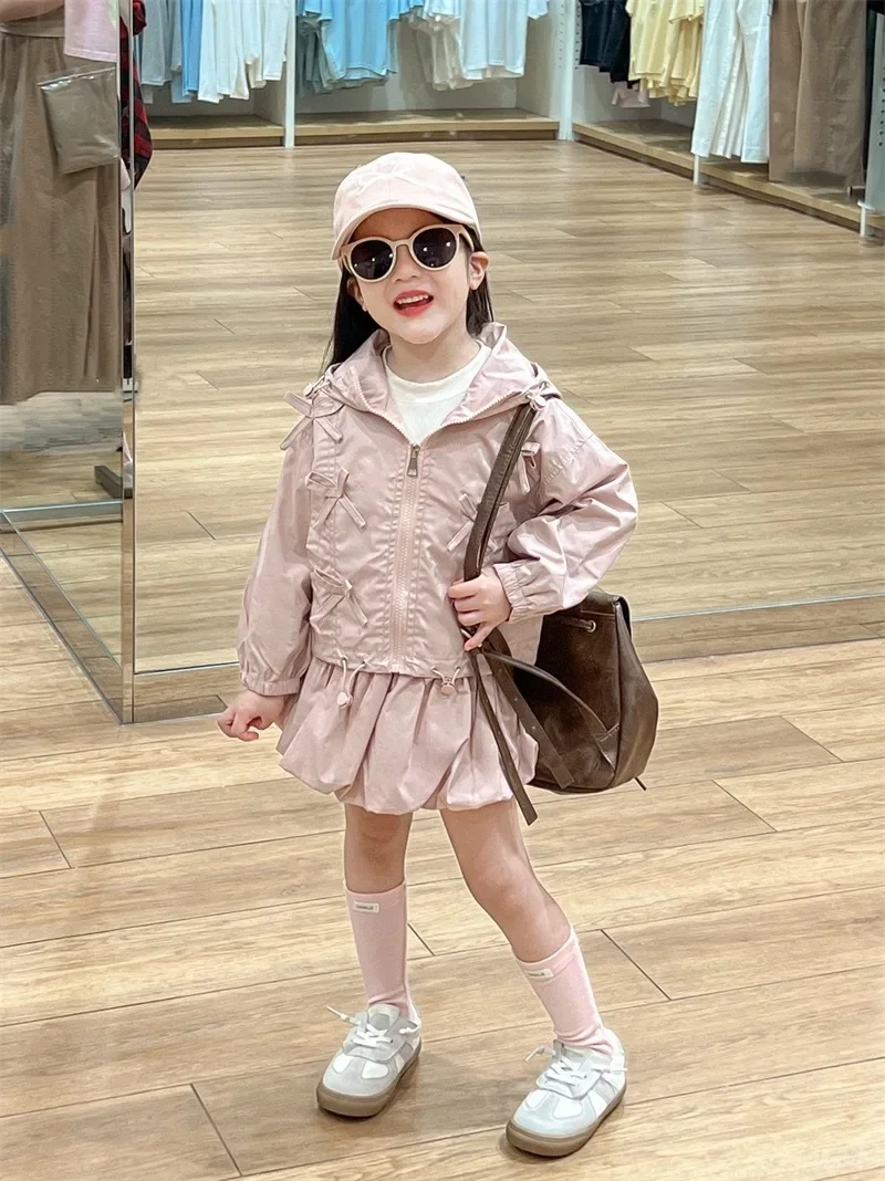 Girls Suits 2024 Autumn New Childrens Clothes Sweet and Cute Pink Bow Hooded Zipper Cardigan Flower Skirt Two-piece Set Casual