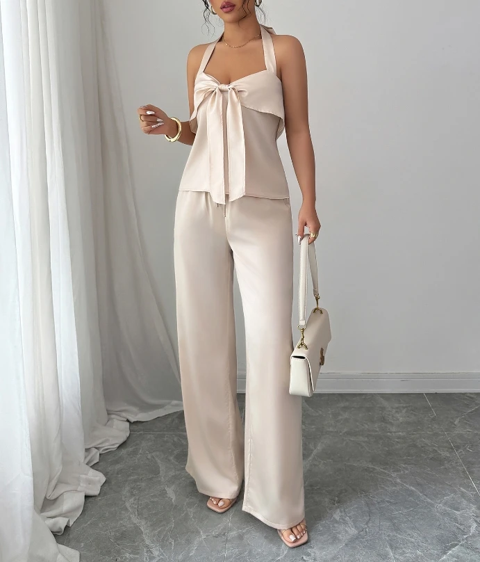 

Two Piece Set Women Outfit 2025 Summer New Halter Backless Solid Color Vest Top & High Waist Casual Straight Leg Pants Set