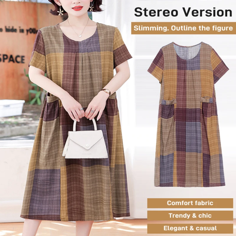 slimming mid-length Women's dress Plaid belly-covering dress middle aged skirt