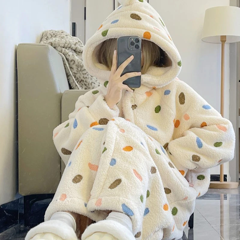 Sweet Cute Colorful Dots Hooded Long Night Gown Robe Coral Velvet Pajamas Women Winter Thickened Plush Bathrobe Kawaii Sleepwear