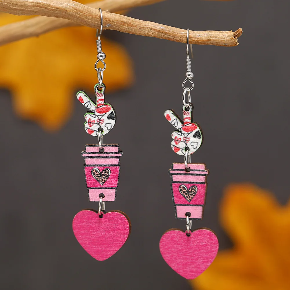 

New Valentine's Day Wooden Earrings Fashion Printed Love Water Cup YES Pendant Earrings for Women Jewelry Accessories