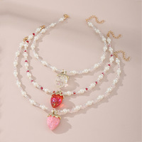Pearl Necklace Girls Crystal Fine Jewelry Ornaments Children Strawberry Pendant Rainbow Necklace