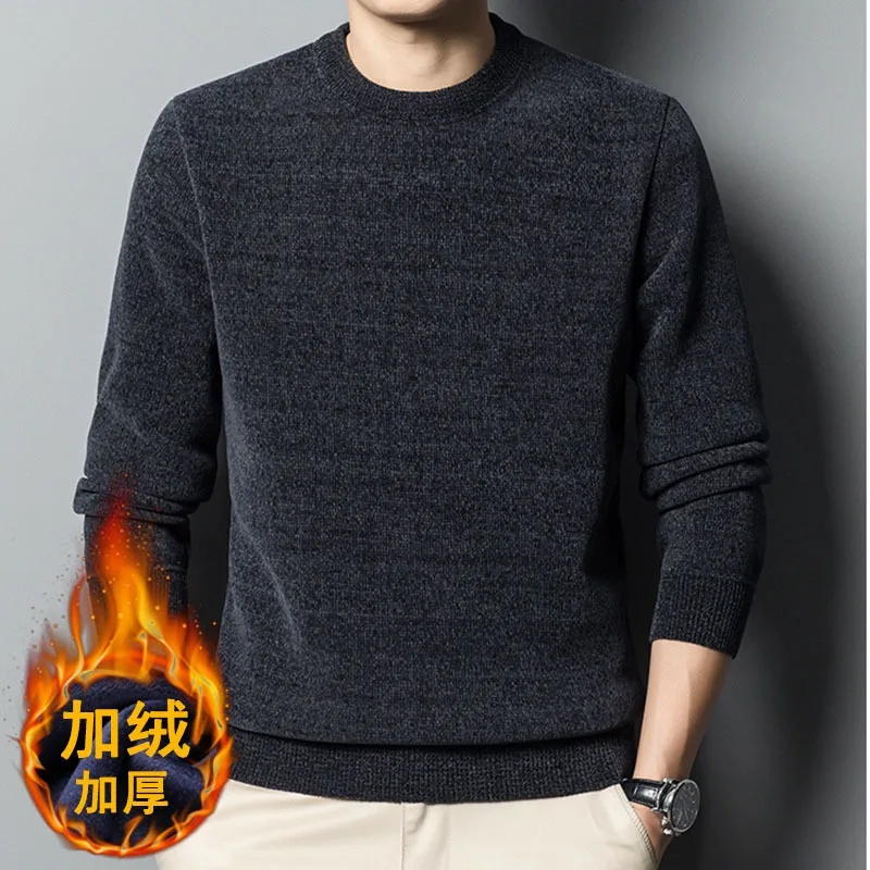 Men Winter Chenille Fleece Lined Sweater Thick Warm Knit Pullover Long Sleeve Basic Inner Undershirt For Men
