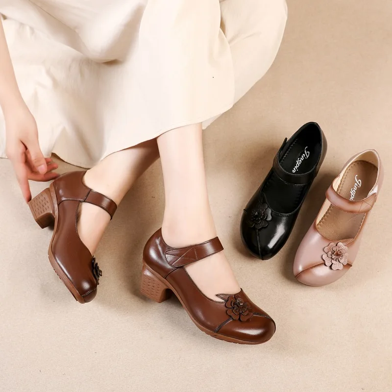 Genuine leather shoes high heels retro women‘s autumn round toe shoes ladies elegant block heels woman flower mary jane pumps