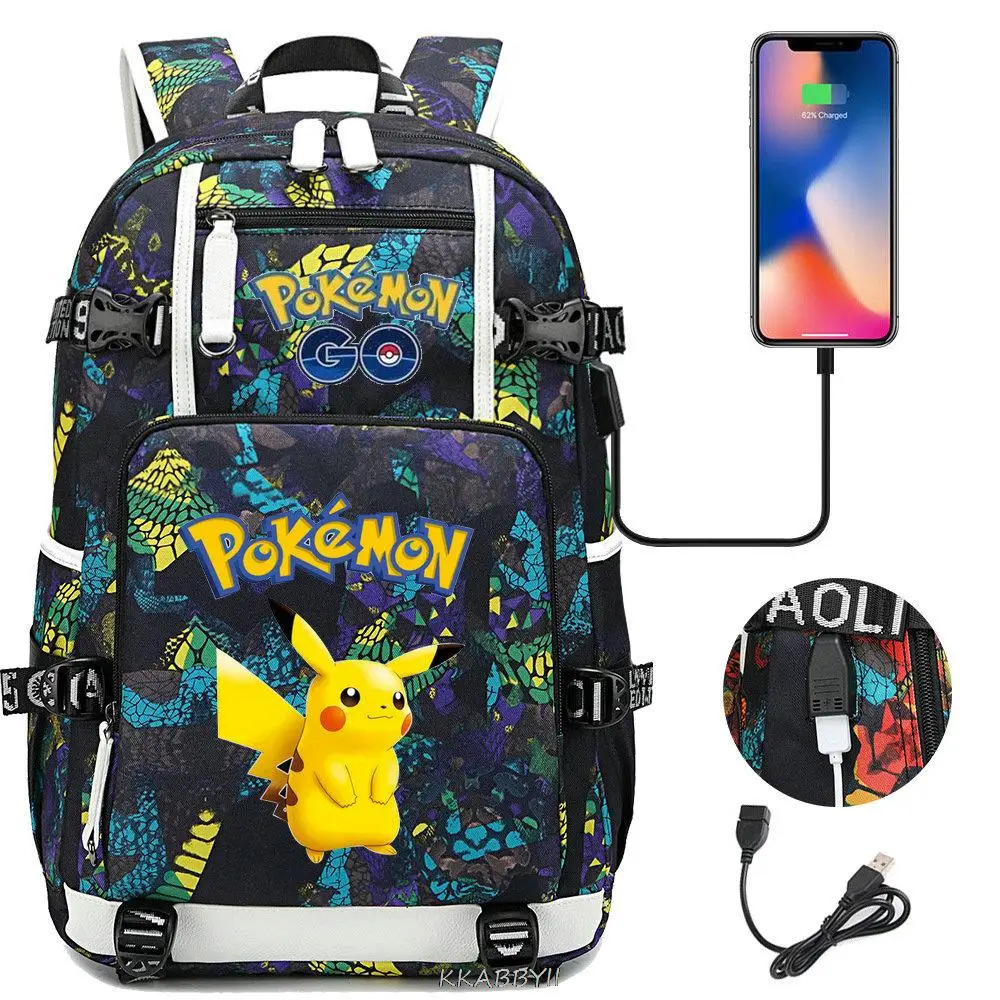 POKEMON Pikachu Backpack USB Charge Black Capacity School Bags For Teens Waterproof Big Travel Laptop Mochilas For Male Femal