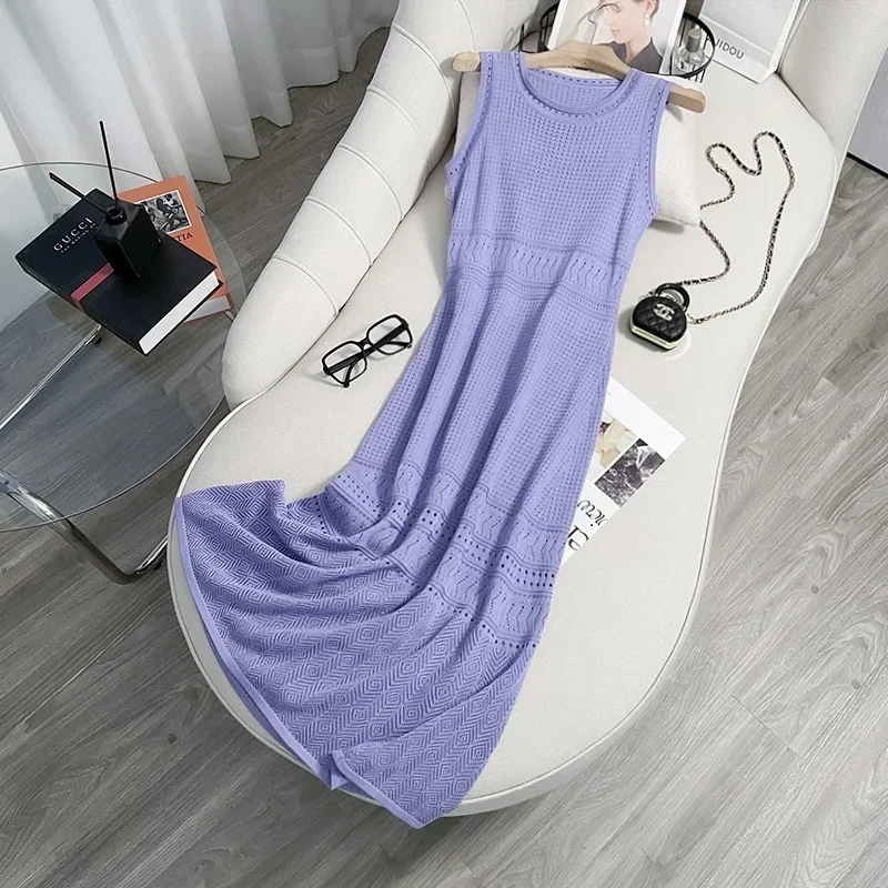 Summer Sleeveless Knitted Dress Women Solid Color Temperament Crochet Hollow Out Long Dresses Elegant O-Neck Casual Robe P474