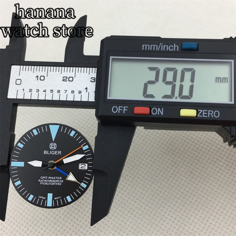 Bliger 29มม. หน้าปัดสีส้ม, หน้าปัดสีฟ้า GMT สีเขียวเรืองแสงเหมาะสำหรับ NH34เคลื่อนไหวหน้าต่างวันที่อัตโนมัติ