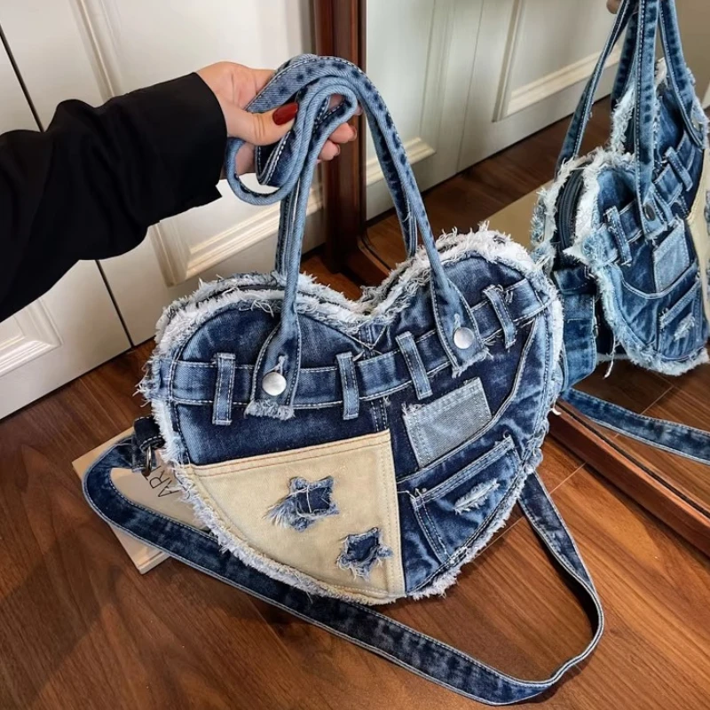 

Y2k Heart Shape Women's Denim Shoulder Bags Tassel Star Ladies Underarm Bag Handbags Large Capacity Retro Female Crossbody Bag