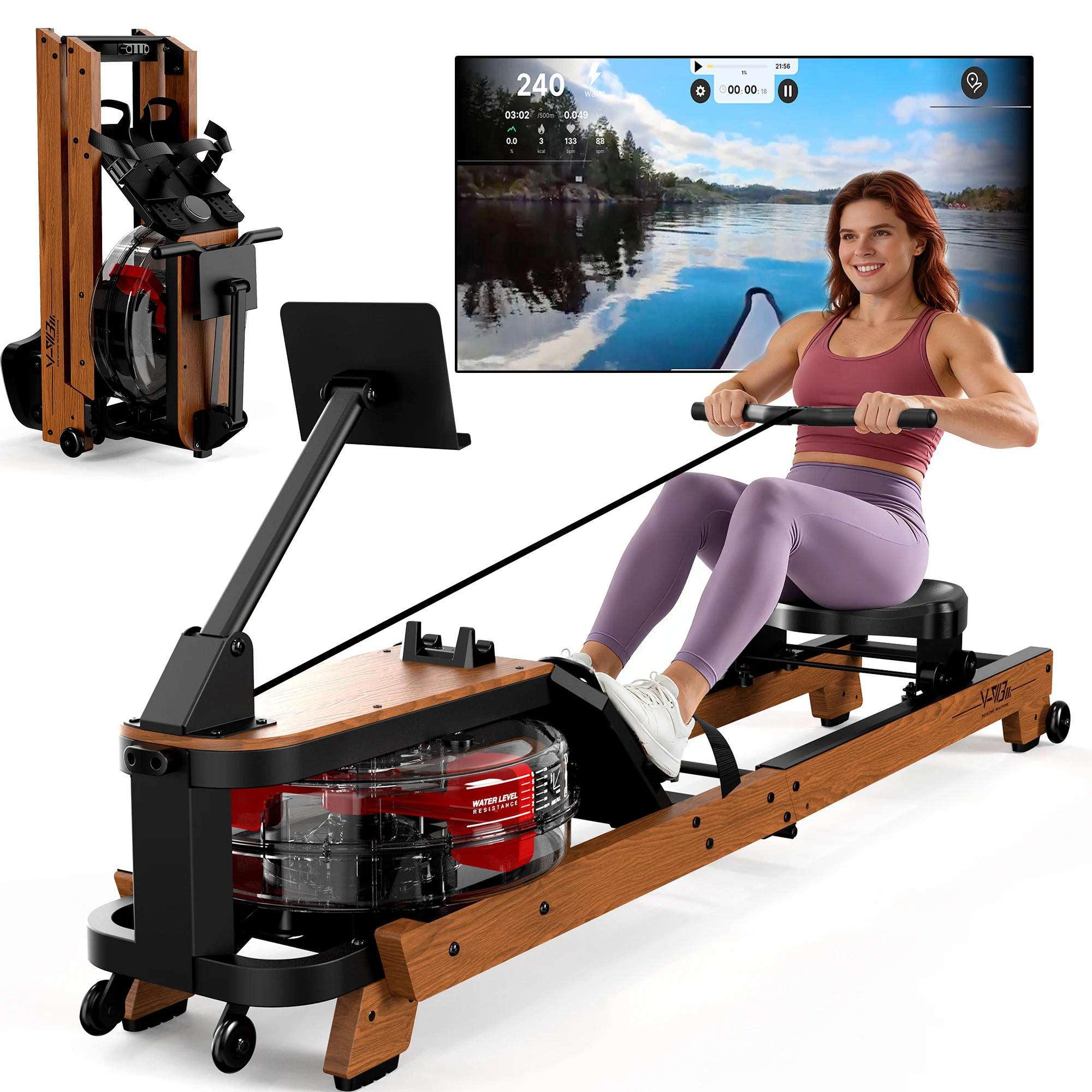 FYSIQ Wasser Rudergerät lote Zuhause aus Holz Klappbar mit Monitor y tableta Bluetooth-Halter, Komfort-Sitz, bis 180 kg Belastbar