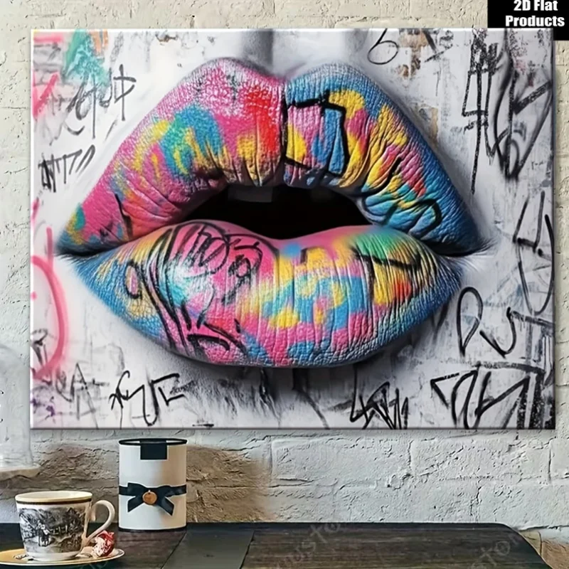 Graffiti Lips Tapestry, Colorful Street Art Wall Hanging, Urban Pop Decor, Rainbow Mouth Print Cloth, Bedroom Dorm Room Ornament