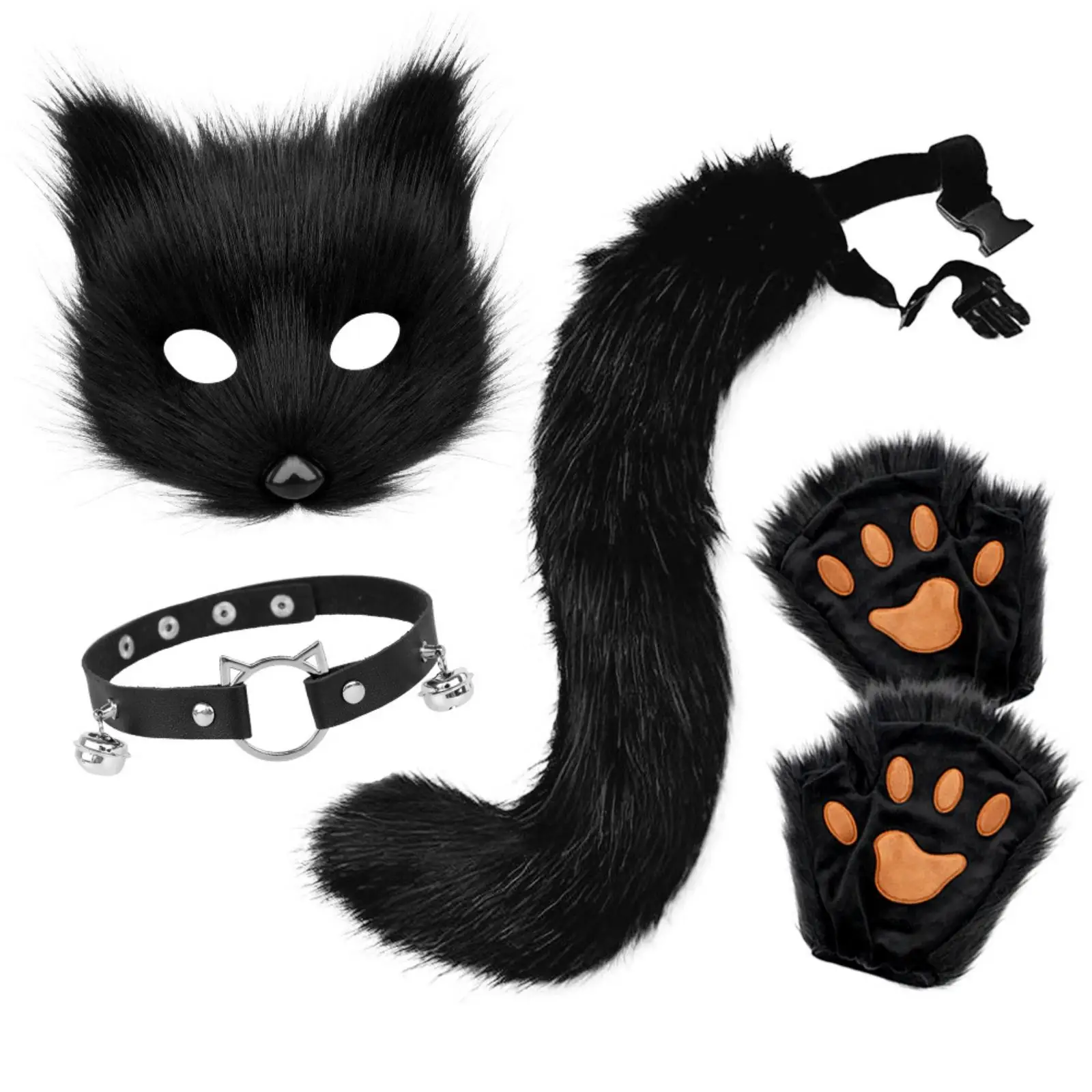 Polyester Furry Fox Tail Costume Accessory with Animal Headpiece and Gloves for Cosplay Party