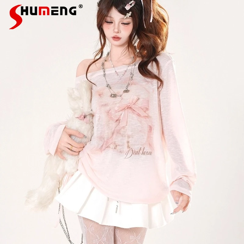 

Soft And Comfortable Pink Sweet Hollow Thin Sunscreen Blouse T-shirts For Women's Summer Loose Slimming Pink Top Tshirt Pullover