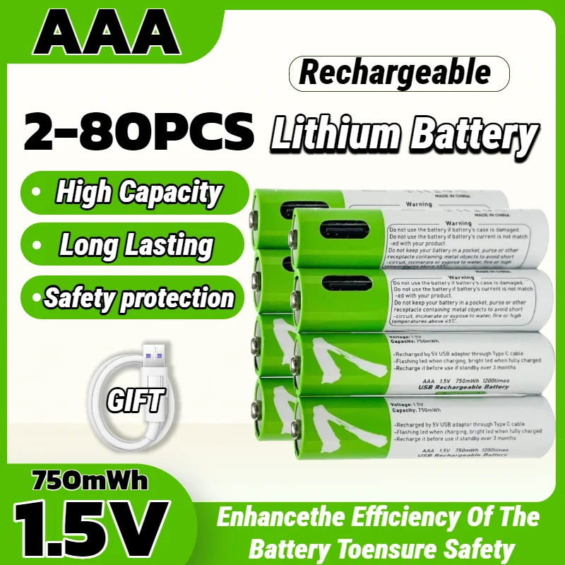 بطاريات AAA قابلة للشحن USB 1.5 فولت 750 ميجاوات في الساعة ليثيوم أيون شحن سريع للتحكم عن بعد ماوس ألعاب كهربائية لوحة المفاتيح أذرع التحكم في ألعاب الفيديو
