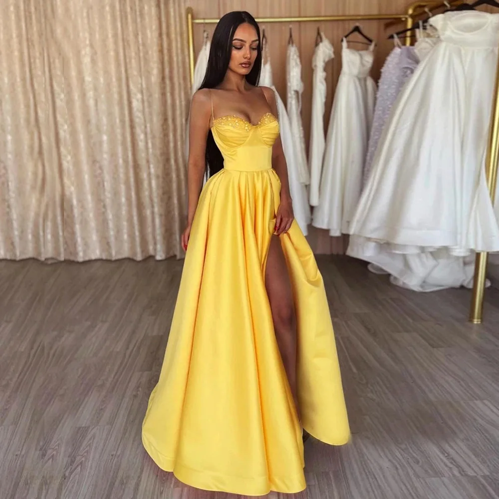 Exquisite A Line Long Evening Dresses For Girls Yellow Formal Strapless Spaghetti Strap Prom Gowns 2023 Homecoming Solid Color