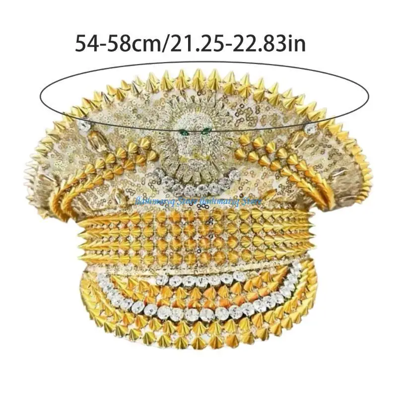 573B قبعات فاخرة مزينة بالترتر على شكل أسد ذهبي مع أحجار الراين وبرشام مرصعة لعشاق الحفلات العصرية ومهرجان الموسيقى #6