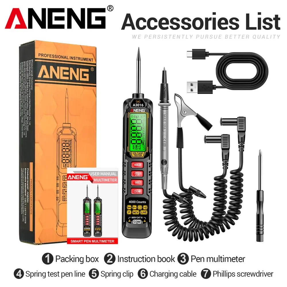 

ANENG A3016 Digital Multimeter Car Voltage Tester Pen AC/DC Voltage 600V Smart Non-Contact Phase sequence detection Voltage Test